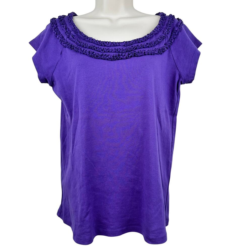 NEW Fresh Produce Baby Rib Island Top Ruffle Trim Cap Sleeves Cotton Purple Lg